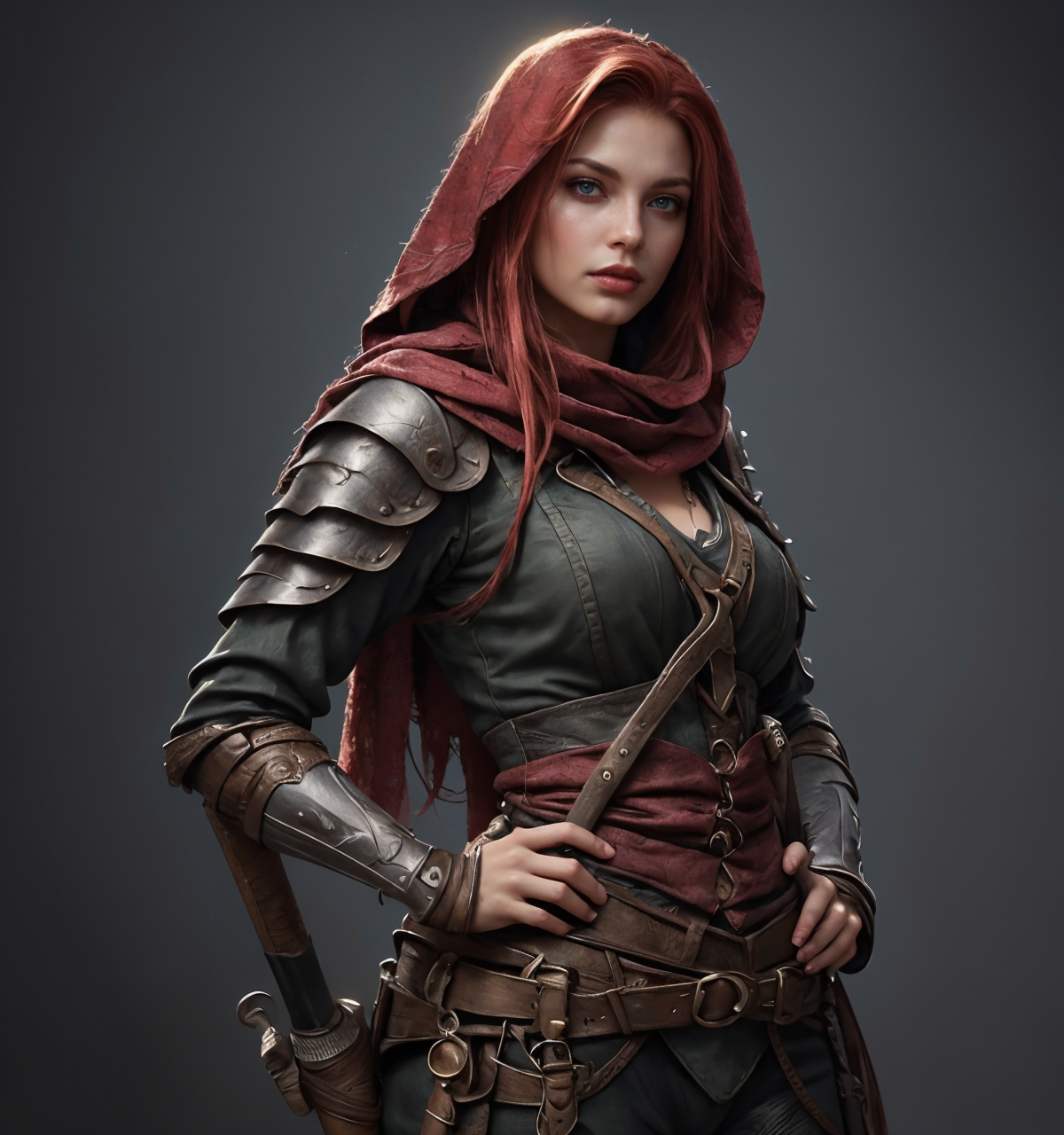 RAW photo, (masterpiece:1.3), subsurface scattering, heavy shadow, (high quality:1.4), (intricate, high detail:1.2), professional photography, HDR, High Dynamic Range, realistic, ultra realistic, photorealistic, high resolution, film photography, ambient lighting, atmospheric effects, <lora:detail_slider_v4:2>, OverallDetail, <lora:FantasyRogues:0.75>,1girl, armor, belt, black hair, blue eyes, breasts, elf, fanrog, from side, hand on hip, holding weapon, knife, medium breasts, necklace, pants, red hair, red hood, red scarf, scar, simple background, solo, weapon