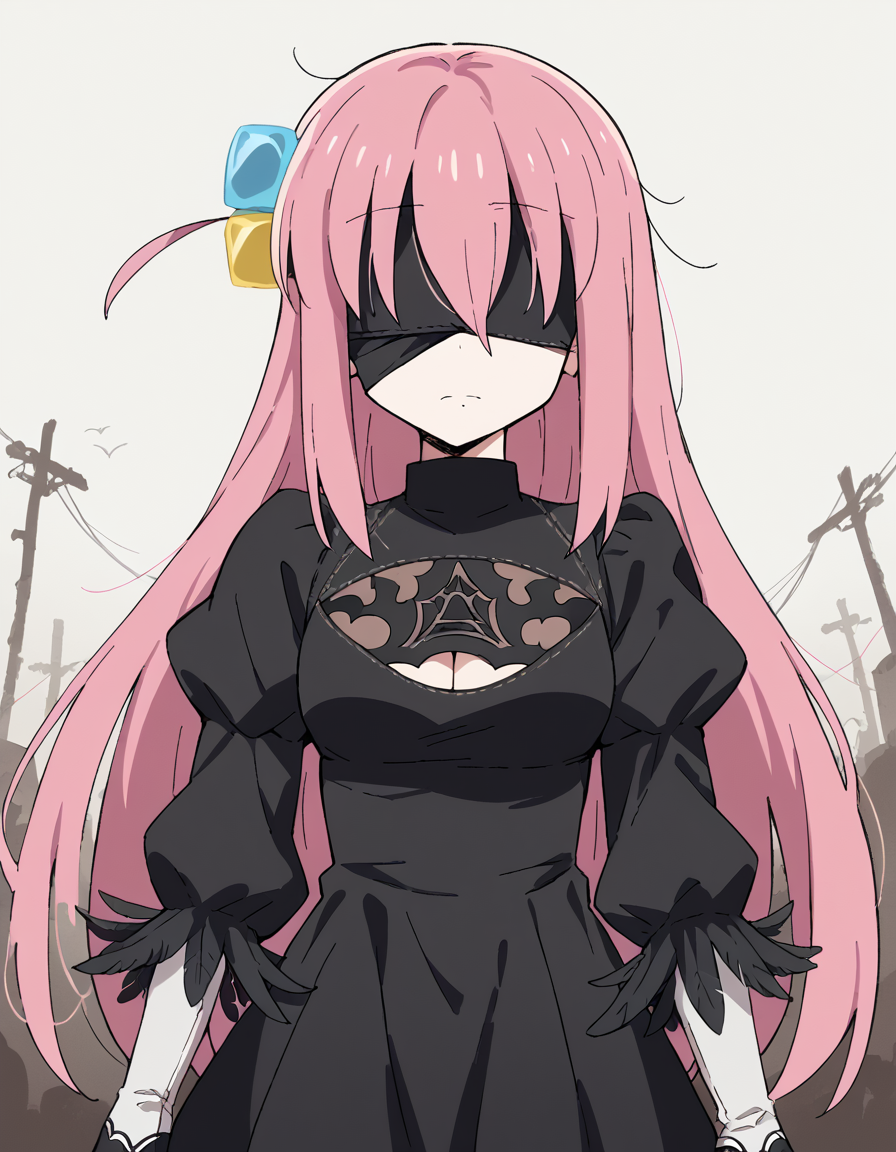 score_9, score_8_up, score_7_up, source_anime, hitorigotou, <lora:hitori-gotou-s1-ponyxl-lora-nochekaiser:1>, hitori gotou, blue eyes, cube hair ornament, hair between eyes, hair ornament, pink hair, one side up, long hair, <lora:2b-cosplay-ponyxl-lora-nochekaiser:1>, 2bcosplay, 2b \(nier\:automata\) \(cosplay\), gloves, long sleeves, dress, puffy sleeves, black dress, clothing cutout, cleavage cutout, juliet sleeves, feather-trimmed sleeves, blindfold, black blindfold, covered eyes,, wasteland,, cowboy shot, dutch angle,