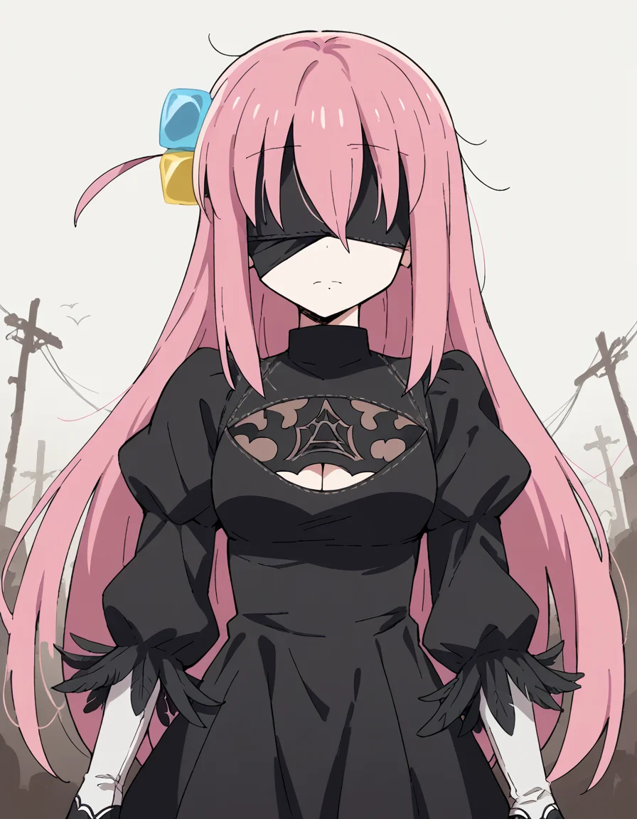 score_9, score_8_up, score_7_up, source_anime, hitorigotou, <lora:hitori-gotou-s1-ponyxl-lora-nochekaiser:1>, hitori gotou, blue eyes, cube hair ornament, hair between eyes, hair ornament, pink hair, one side up, long hair, <lora:2b-cosplay-ponyxl-lora-nochekaiser:1>, 2bcosplay, 2b \(nier\:automata\) \(cosplay\), gloves, long sleeves, dress, puffy sleeves, black dress, clothing cutout, cleavage cutout, juliet sleeves, feather-trimmed sleeves, blindfold, black blindfold, covered eyes,, wasteland,, cowboy shot, dutch angle,
