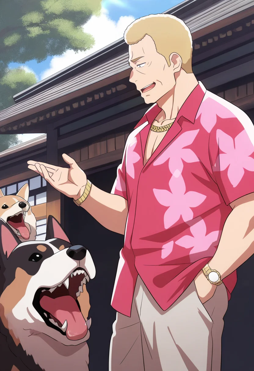 best quality, masterpiece, very awa, 1boy, houjou teppei, solo, male focus, middle-aged, mature male, muscular male, bara, smile, open mouth, too many dogs, red pink hawaiian shirt, grey pants, wristwatch, chain necklace, blonde hair, short hair, black eyes, outdoors, east asian architecture, 8k, amazing quality, very aesthetic, absurdres, <lora:teppei_ilxl-16:1.2>