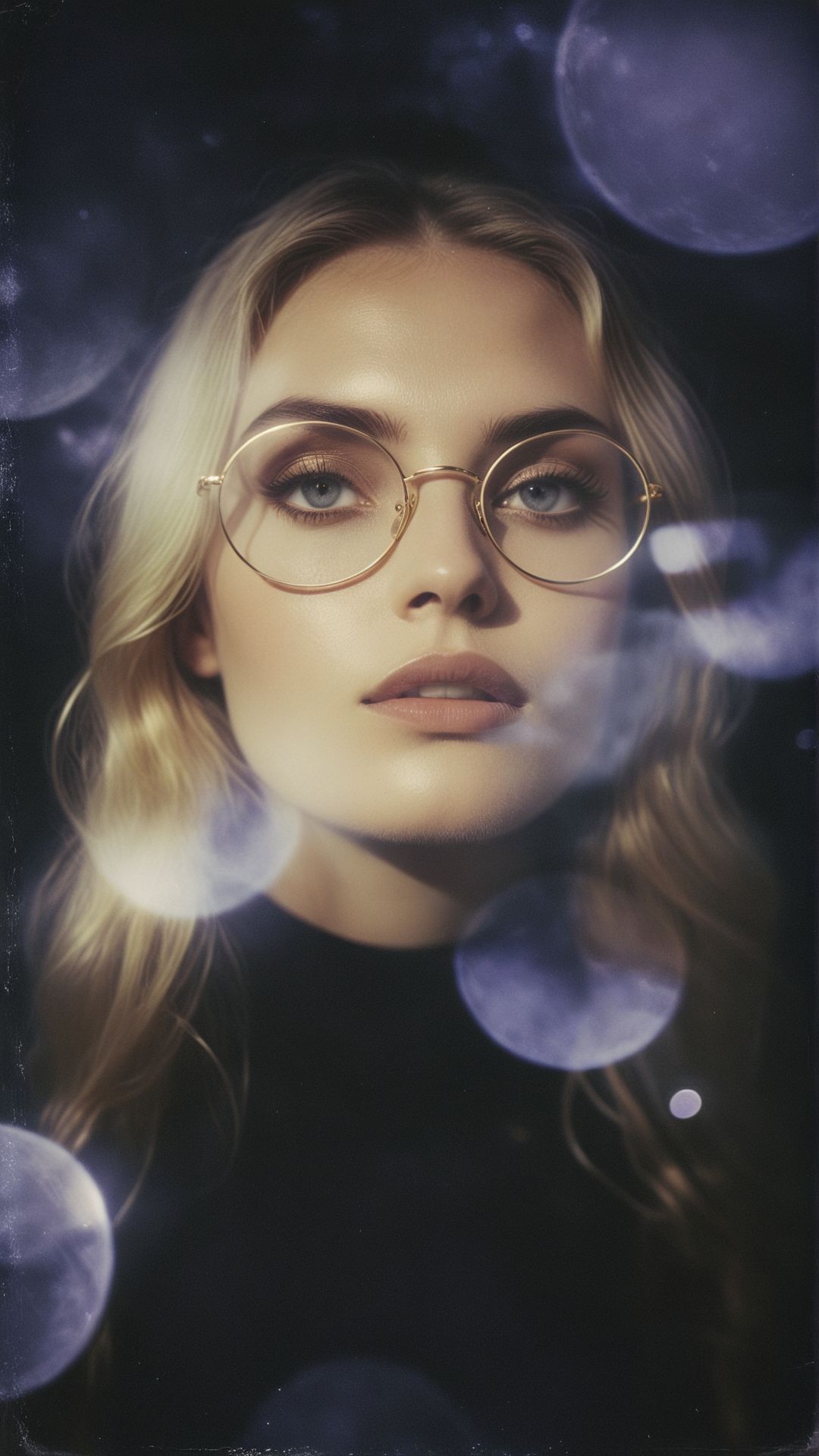 photograph, Moonlit, 35mm, In a surreal and dreamlike scene, a woman with long blonde hair and piercing lavender colored eyes gazes intently at her camera. She wears a pair of glasses, and her lips are wrapped in white kisses of gold. Starlight, CMYK Colors, pov, Polaroid,<lora:CBS_novuschroma37 style_b:0.95> novuschroma37 style,style of experimental photography, light leaks,double exposure, <lora:aidma-Image Upgrader-v0.1:0.8>, <lora:zavy-cntrst-sdxl:0.3> dark, chiaroscuro, low-key <lora:xl_more_art-full_v1:0.4>, winning, confident, professional creative, dynamic dramatic composition