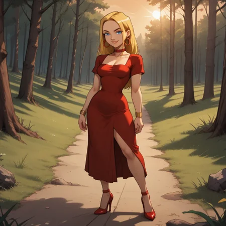 score_9, score_8, BREAK, solo, blonde hair, blue eyes, lips, red dress, red choker, red high heels, red hoop earrings, yellow bracelets, total drama, Blaineley_(Total_Drama), breasts, sexy pose, smile, outdoors, sunlight, shadows, evening lighting, natural lighting, forest, trees, grass, orange sky, sunset
