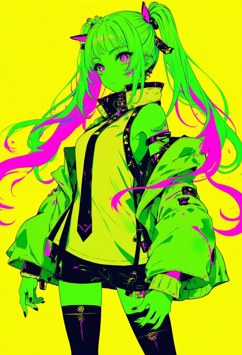 high contrast neon anime style in lime green and bright yellow and magenta, Raijin