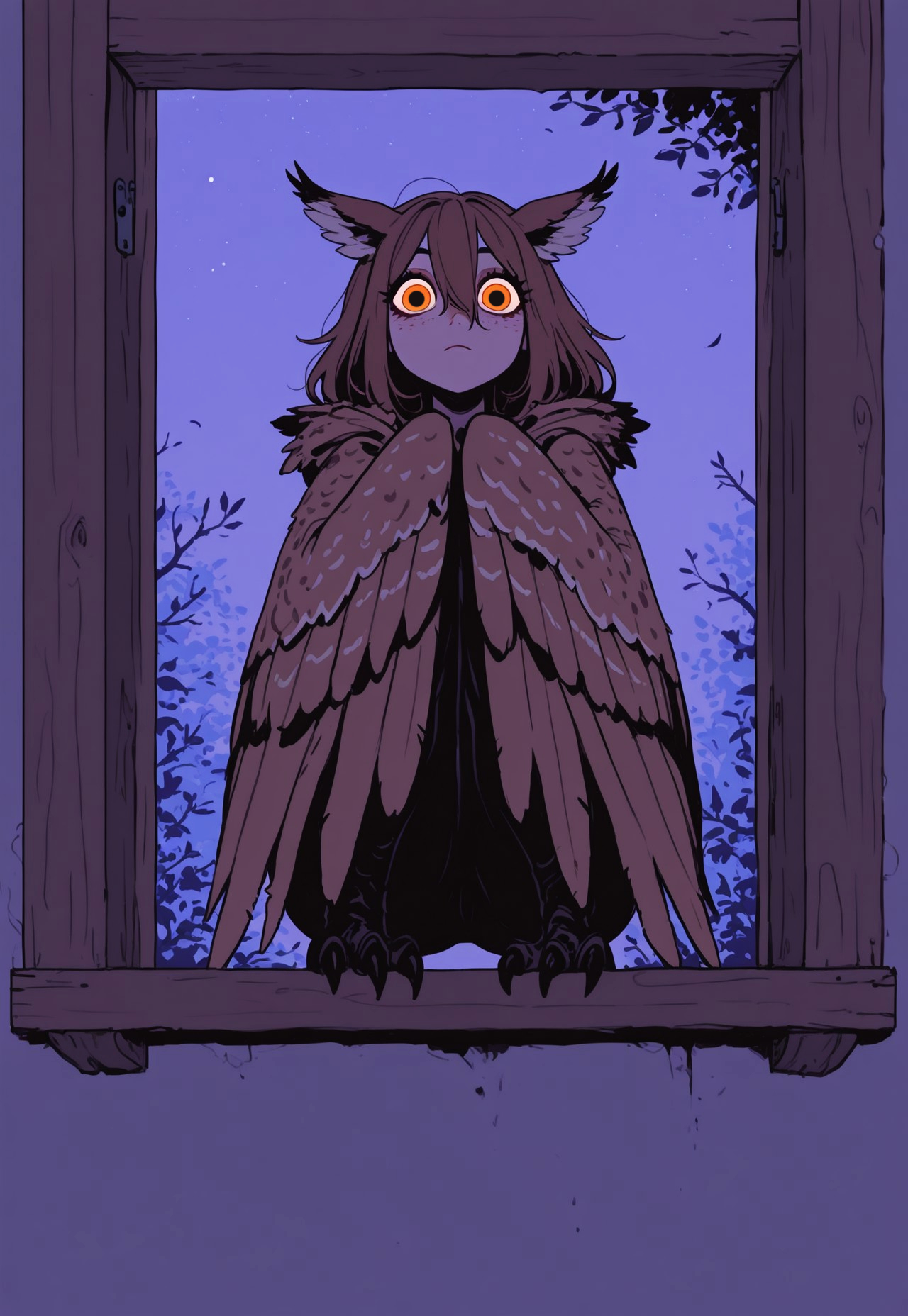 score_9, score_8_up, score_7_up, masterpiece, best quality, very aesthetic, 1woman, incoth, (incase:0.6), detailed face, (dynamic:1), (mature, curvy:0.6), owl girl, huge eyes, orange eyes, dialated pupils, staring, brown hair, freckles, slanted bob, squatting, owl ears, folded wings, cocked head, window sill, stitting in open window, wood, medieval, trapes, night time, moonlit, edge light, dramatic, creepy, staring at viewer, Flatline, Flat vector illustration