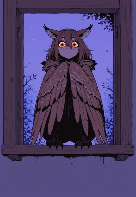 score_9, score_8_up, score_7_up, masterpiece, best quality, very aesthetic, 1woman, incoth, (incase:0.6), detailed face, (dynamic:1), (mature, curvy:0.6), owl girl, huge eyes, orange eyes, dialated pupils, staring, brown hair, freckles, slanted bob, squatting, owl ears, folded wings, cocked head, window sill, stitting in open window, wood, medieval, trapes, night time, moonlit, edge light, dramatic, creepy, staring at viewer, Flatline, Flat vector illustration
