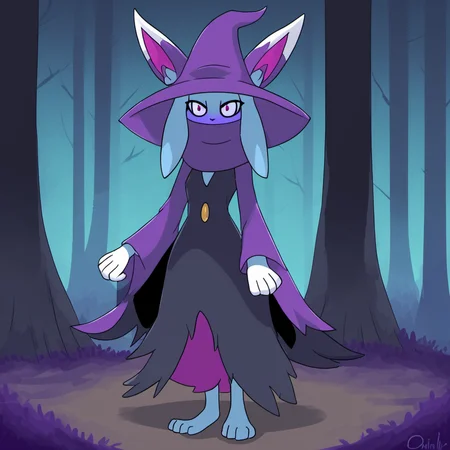 Katress,blue fur, purple clothing, black clothing, purple hat, witch hat, purple eyes, long sleeves,
standing, feet, paws, solo, forest, night, 
digital drawing,
<lora:Katress_basesdxl:0.65>