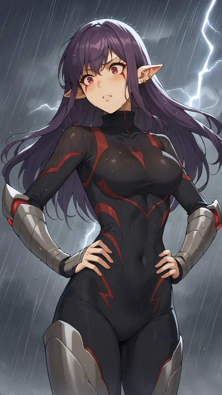 score_9,score_8_up,score_7_up,score_6_up, source_anime, girl, dynamic pose, standing with hands on hips <lora:Esil Radiru - Pony-000004:0.8>, esil_radiru_sl, long hair, purple hair, bangs, red eyes, facial markings, pointy ears, earrings, black bodysuit, red trim, grey armor, high collar, storm, rain, wet hair, soaked, uncomfortable, lightning,