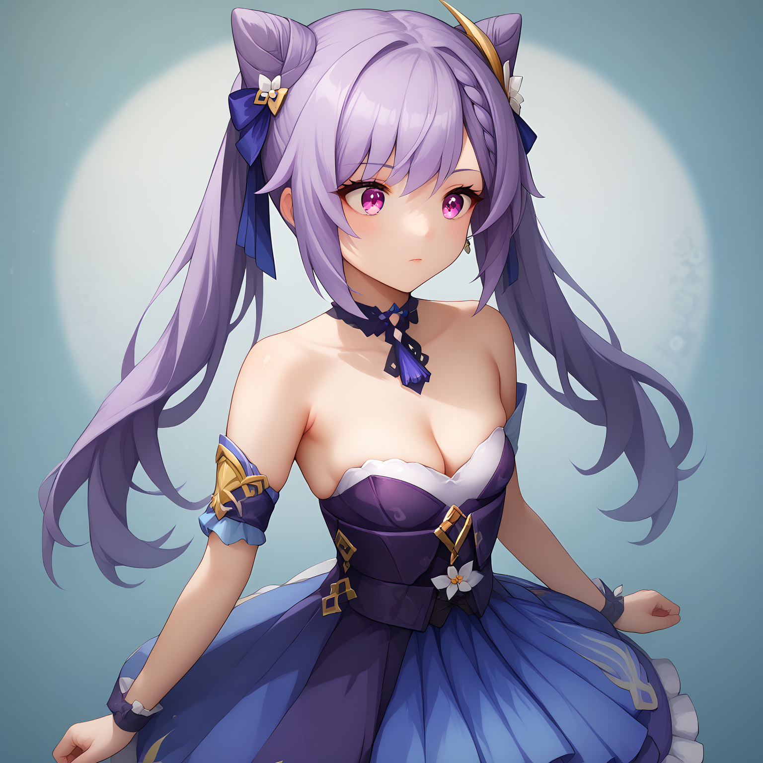 (detailed background:1.5),score_9,score_8_up,score_7_up,score_6_up,source_anime,anime style,1girl,<lora:StS_PonyXL_Detail_Slider_v1.4_iteration_3:1>,<lora:Breast Slider - Pony_alpha1.0_rank4_noxattn_last:-0.5>,
<lora:Nipple Size Slider_alpha1.0_rank4_noxattn_last:-0.5>,<lora:d3t41l3dXLP:0.3>,<lora:m0njy4XLP:0.5>,<lora:susamix010-pony:0.3>,<lora:cutecorestyle:0.3>,cute,kawaii,<lora:age_slider_v4:1>,mature female,<lora:Tight_corset:0.8>,tight_clothes,tight_corset,(skindentation),cleavage,strapless,bare shoulders,undersized clothes,<lora:genshin-keqing-ponyxl-lora-nochekaiser:1>,keqing,purple hair,hair bun,purple eyes,double bun,twintails,dress,