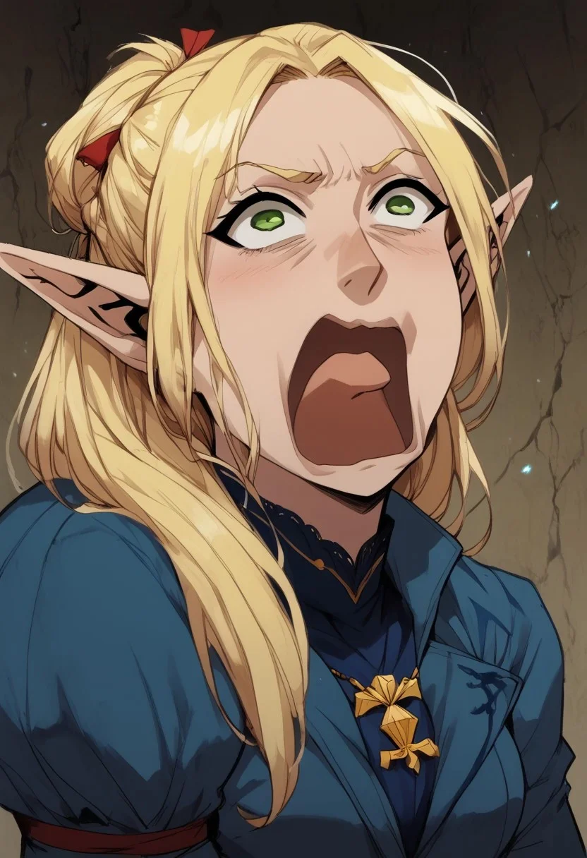 score_9, score_8_up, score_7_up, BREAK, 1girl portrait, beautiful, dramatic lights ((Elf, Marcile, Marcile Dunegon Meshi, Marcille Donato, blue robe, blonde hair, green eyes, long blonde hair, long hair, young, young woman, screaming, Aqua Screaming | Meme, Aqua screm, Aqua Screaming, face focus)) <lora:Fant5yP0ny:0.6> <lora:fantasy_world_pony:0.9> <lora:Cherry-Gig:0.55>