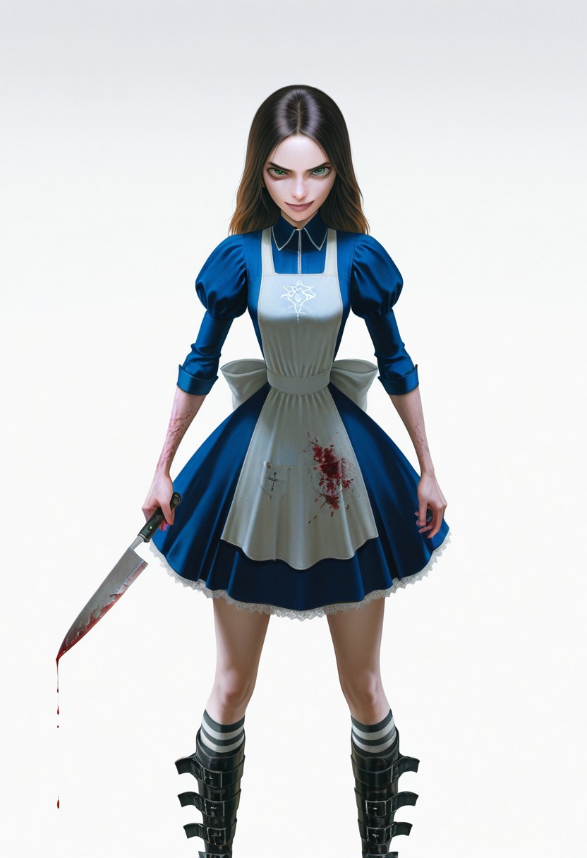 best quality, ultra detailed, high resolution, incredibly absurdres, extremely aesthetic, high resolution, realistic, masterpiece, Al1ceL1ddell, 1girl, solo, small breasts, petite, dress, bloodstained apron, long hair, brown hair, green eyes, striped socks, belt boots, holding a knife, blood dripping from knife, staring at the viewer, smirk, simple background, white background, realistic light and shadows, volumetric lighting, global illumination, subsurface scattering and reflections, refraction,