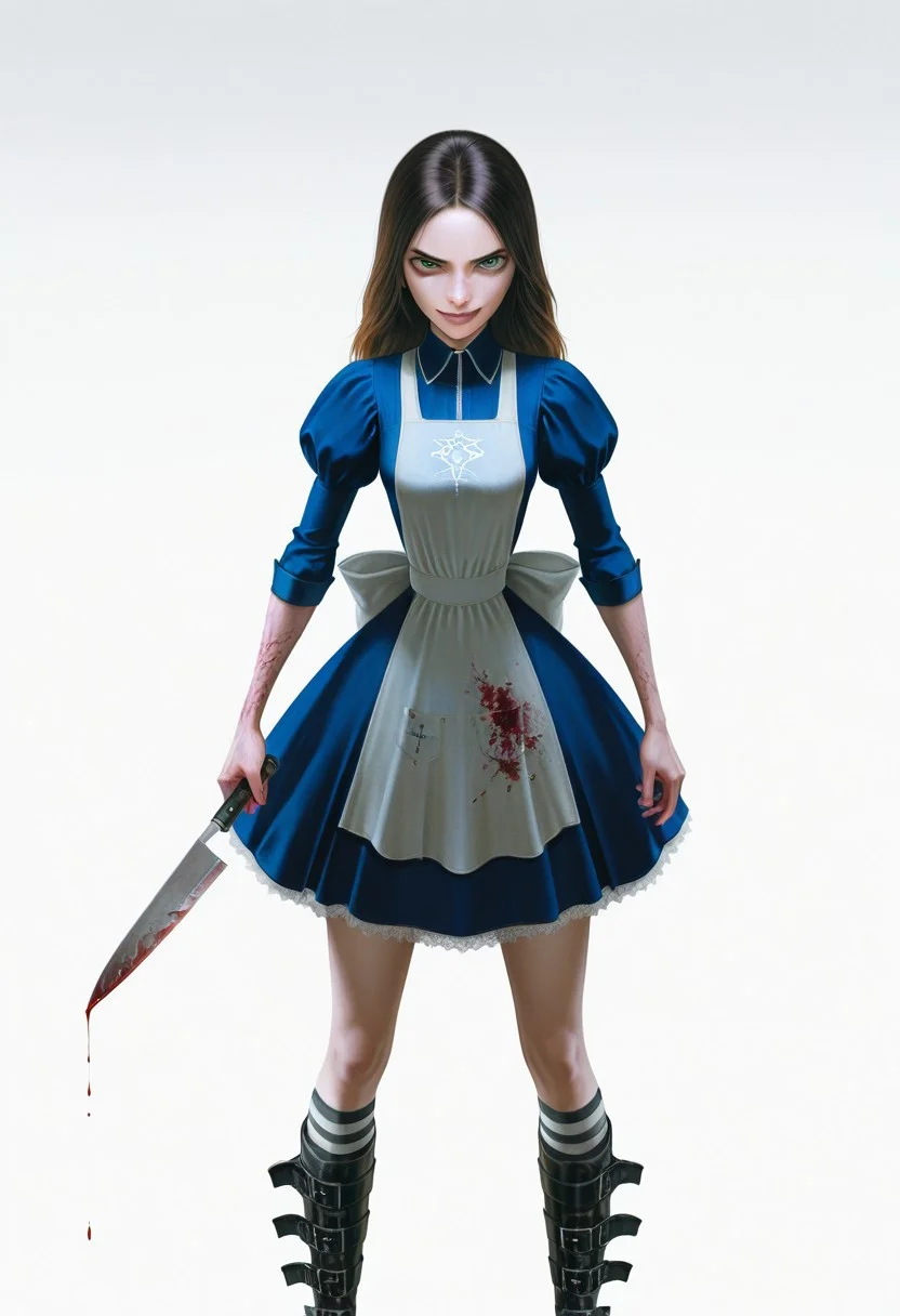 best quality, ultra detailed, high resolution, incredibly absurdres, extremely aesthetic, high resolution, realistic, masterpiece, Al1ceL1ddell, 1girl, solo, small breasts, petite, dress, bloodstained apron, long hair, brown hair, green eyes, striped socks, belt boots, holding a knife, blood dripping from knife, staring at the viewer, smirk, simple background, white background, realistic light and shadows, volumetric lighting, global illumination, subsurface scattering and reflections, refraction,