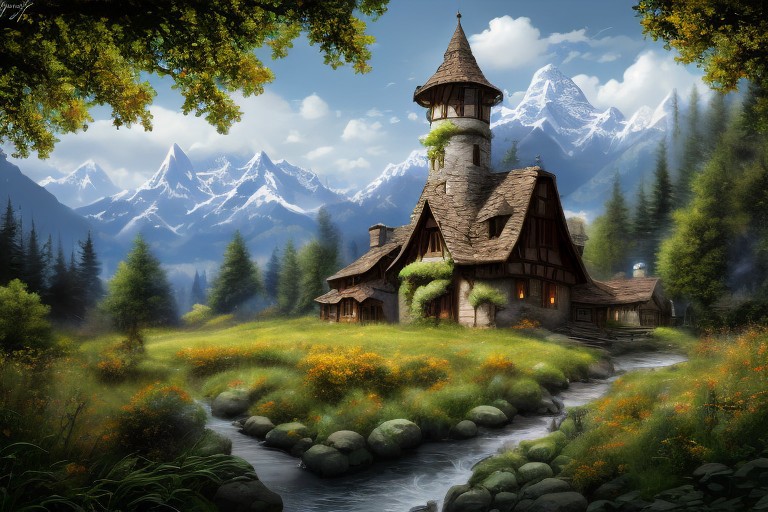 realistic analog photo, award winning photo, 
fantfa, background, mountain, stream, trees, foreground, field, house, farm, witow, a wizard watch tower,
high-quality, crisp, sharp, professional-grade, high-resolution, fine detail, accurate colors, low noise, fast shutter speed, wide dynamic range, precise focus, RAW, highres, 8k, uhd, High Dynamic Range, tonemapping, crisp details,
