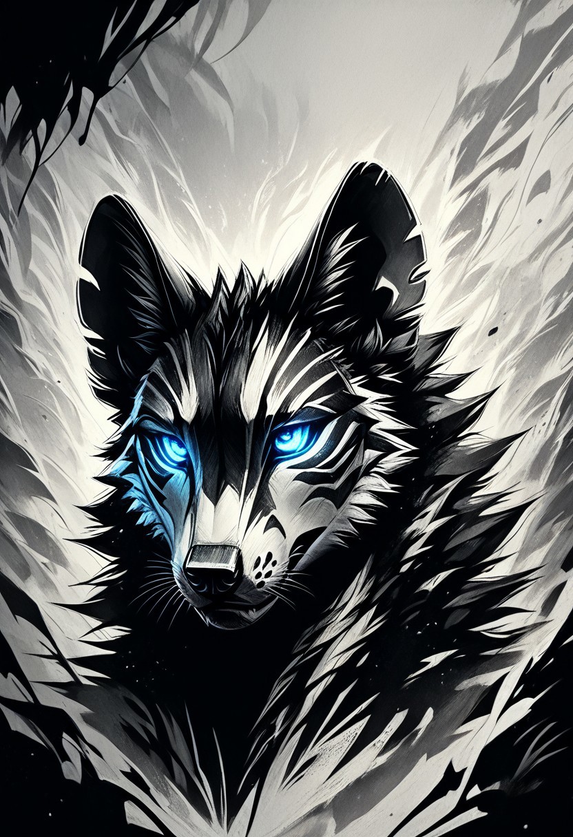 score_9, score_8_up, score_7_up, score_6_up, score_5_up, score_4_up, (solo), (fluffy:0.8), (feral), outline, white mask, teeth, glowing eyes, white horns, (hollowfication), outdoors, furry, (((hyena))), glowing purple eyes, grey fur, black ears, claws, (red glowing magical staff), in the style of Beatrix Potter, cel-shading, monochromemuse, monochrome, greyscale, ink splatter, linquivera, forest, dramatic angle, (head focus, head shot, close up:1.5), cartoon, detailed background