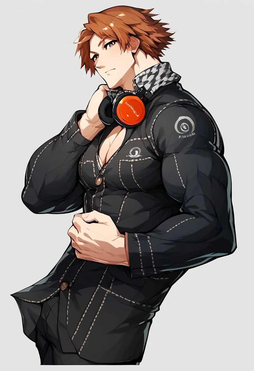 score_9, score_8_up, score_7_up, score_6_up, score_5_up, score_4_up, bara, very muscular, full body shot, handsome face, buttongap, tight clothes, muscular pecs, y0suk3, brown hair, brown eyes, black jacket, orange headphones around neck