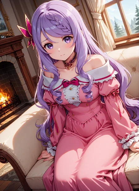 source_anime BREAK prefect lighting,very aesthetic,prefect hands,best quality,
intricate details,highly detailed background,(masterpiece:0.9),high quality,lustrous_skin,skindentation,(zPDXL3),
ultra delicate hair,
face_detail,
skin_detail,<lora:cfg_scale_boost>,
lustrous_skin,skindentation,
shiny skin,
<lora:seirei_gensouki_-_flora_beltrum_il:0.7>,flora_beltrum,very_long_hair,purple_hair,swept_bangs,braided_bangs,hair_ornament,purple_eyes,
choker,bow,pink_dress,off-shoulder_dress,frills,
masterpiece,best quality,ultra-detailed,Best-A,Medium-B,Low-C,Bad-D,cute,light_blush,dynamic_angle,
looking at viewer,indoor,couch,bedroom,fireplace,window_,curtains,sitting,scared,