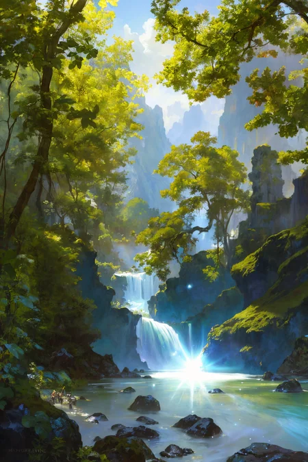handsome muscular manly shirtless man, buzzcut, landscape portrait of a lush magical fantasy valley between mountains, blue river flowing between forests, blue crystal rocks jutting out of the ground, stone pillars, enormous cave entrance, castle in background, daytime, white fluffy clouds, waterfall, (backlighting), realistic, masterpiece, highest quality, intricate armor, fantasy forest in background, ((excited)), lens flare, shade, bloom, ((light sparkles)), [chromatic aberration], by jeremy lipking, by antonio j. manzanedo, by (alphonse mucha), digital painting