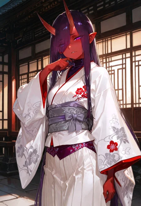 masterpiece, best quality, good quality, newest, highres, absurdres, volumetric lighting,gradient color,
BREAK 
raytracing, volumetric lighting, ambient occlusion, girl, 
BREAK
Aka-Oni, oni, colored skin, (red skin:1.3), straight horns, solo, long hair, model style,
 evil eyes, evil, bullying, sinister, 
purple eyes, eyes visible through hair, turtleneck shirt, white kimono, red trim, (floral print:0.8), long sleeves, wide sleeves, grey sash, purple waistband, long skirt, white pants, upper body, standing, east asian architecture, outside, looking at viewer, shiny skin, masterpiece, best quality, amazing quality, very aesthetic, absurdres, newest, scenery