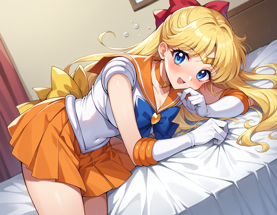 score_9, score_8_up, score_7_up, source_anime,
sailorvenus, <lora:sailor-venus-ponyxl-lora-nochekaiser:1>
sailor venus, blonde hair, blue eyes, bow, hair bow, half updo, long hair, red bow, tiara,
back bow, choker, elbow gloves, gloves, jewelry, magical girl, orange choker, orange sailor collar, orange skirt, sailor collar, sailor senshi uniform, school uniform, serafuku, skirt, white gloves,
indoors, bed, bed room, on side, blush, drunk,
looking at viewer, cowboy shot, dutch angle,