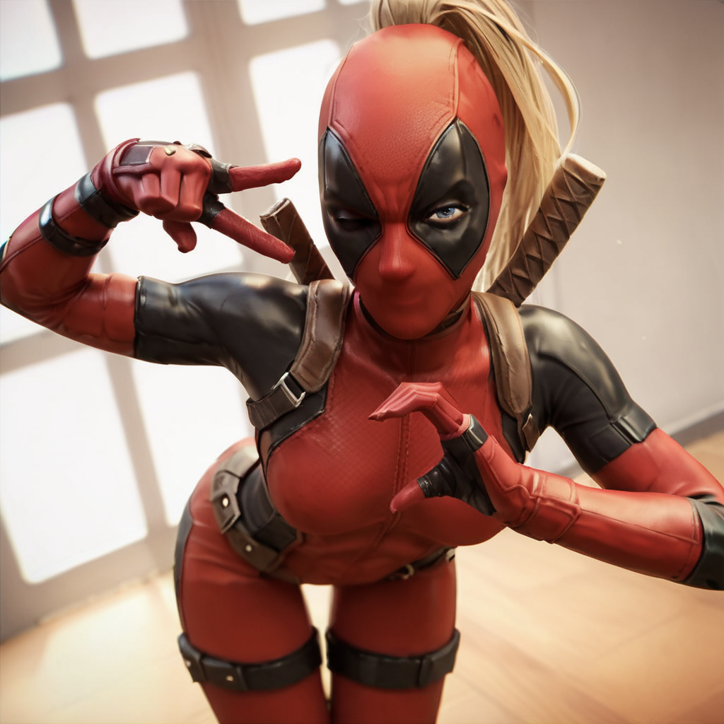score_9, score_8_up, score_7_up, score_6_up, score_5_up, score_4_up, source_anime,  LadyDeadpool, bodysuit, no mouth, bent over, wink, hand heart gesture