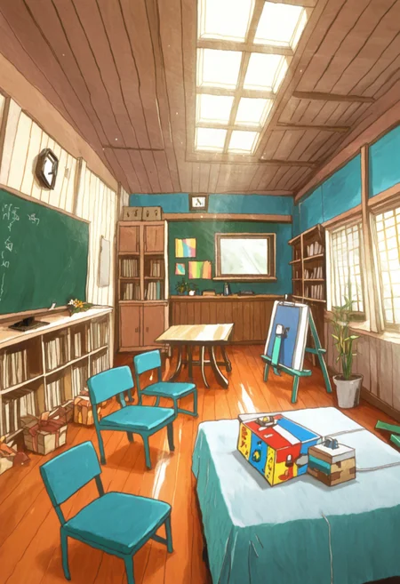 pingyuasa,retro artstyle,
bedroom, indoors, loaded interior,
painting (object), picture frame, box, cardboard box, chair, folding chair, shelf, window, blue wall, orange ground,flower,potted plant,colorful, light rays, light particles, sunbeam, white wall, easel, bamboo, table, computer, wall clock, chalkboard,skylight,vaulted ceiling, tv, console, dappled sunlight, bed