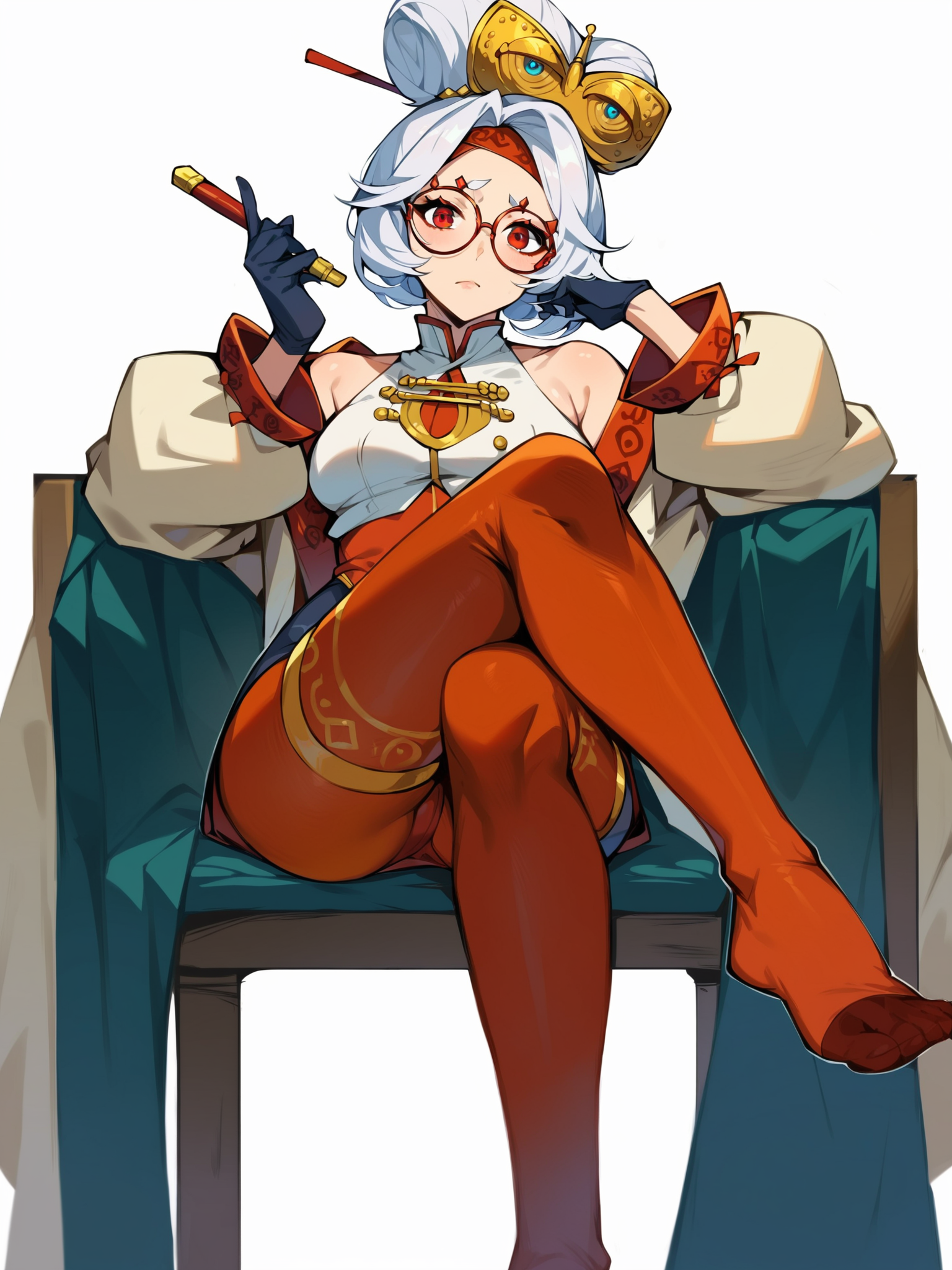score_9,score_8_up,score_7_up,score_6_up
purah, sitting, hair stick, white hair, short hair, crossed legs, solo, closed mouth, looking at viewer, red eyes, holding, thighhighs, 1girl, red thighhighs, glasses, simple background, hair ornament, red pantyhose, pantyhose, bare shoulders, gloves, white background,
rating_explicit,  source_anime <lora:purah_sdxl_pdv6:1>