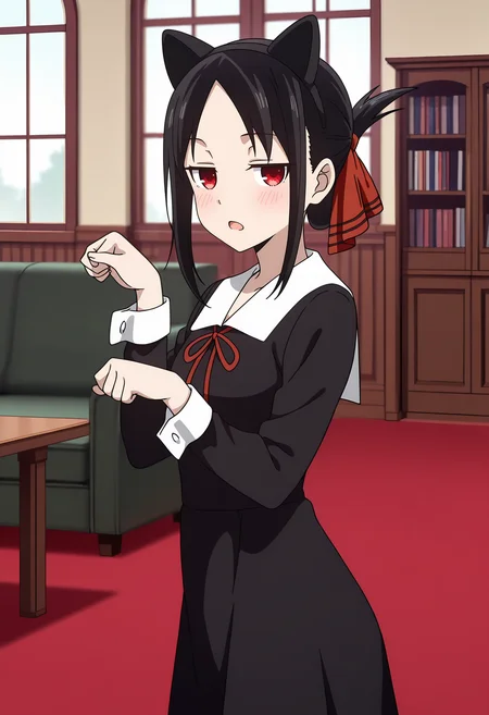 anime screencap, masterpiece, best quality,
<lora:Kaguya-samaWaKokurasetai_ShinomiyaKaguya_IlluXL:0.9>,
1girl, solo, open mouth, blush, jitome,
folded ponytail, parted bangs, black hair, red eyes, no pupils, hair ribbon, red ribbon,
black hairband, fake animal ears,
white collar, neck ribbon, red ribbon, medium dress, black dress, long sleeves,
paw pose, from side, standing, looking at viewer, cowboy shot,
indoors, table, bookshelf, window, red carpet, couch, photo background, blurry background