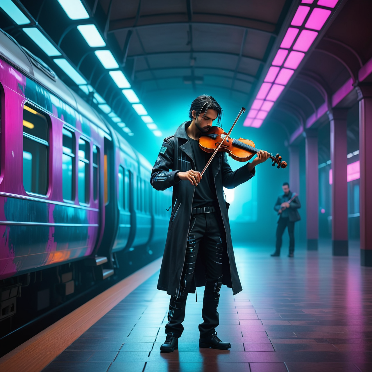 A lone musician playing a haunting tune on a violin in a deserted train station., (futuristic Neon cyberpunk synthwave cybernetic :1.3)