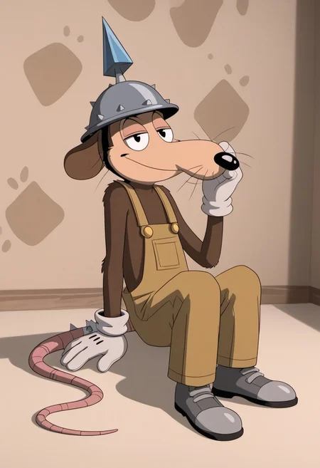 score_9, score_7_up, (masterpiece, extreme detail, best quality), solo focus, male, Werner Werman, mouse, black eyes, brown fur, whiskers, pointy nose, spiked helmet, rat tail, light brown overalls, lederhosen, grey footwear, grey shoes, perfect hands, white gloves, gloves, full-length portrait, skinny, petite, sitting, smile, half-closed eyes, smug, looking at viewer, flirty pose, source_photo, extremely detailed, pattern background, shadow, shading, hyperrealistic, bandaged tail