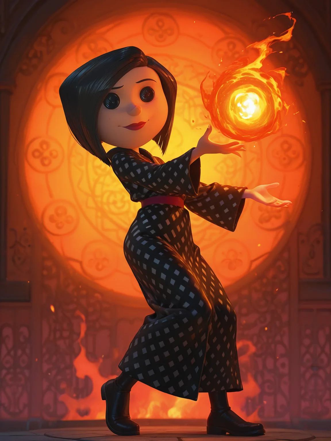 <lora:Other_MotherIL:0.9> oth_m, 1girl, black hair, short hair, eyes buttons, round eyes, black eyes,
magic, magic robe, steel armor,glowing liens, fireball, action, full body, glowing background, magic background