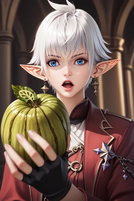 hyperrealistic mixed media image of unimaginable dwntrilffxivpdxl, 1girl, solo, short hair, open mouth, bangs, blue eyes, gloves, holding, jewelry, jacket, upper body, white hair, earrings, food, pointy ears, fingerless gloves, fruit, depth of field, holding food, elf, red jacket, earclip, elezen, masterpiece, official art, best quality, cinematic angle, dreamlike, face focus, intricate details, sharp focus, photography, photorealism, photorealistic, 8k, soft focus, volumetric light, (intricate details), (hyperdetailed), 8k hdr, high detailed, lot of details, high quality, soft cinematic light, PonyXLV6_Scores, <lora:FFXIV-DAWNTRAILPDXL:1>