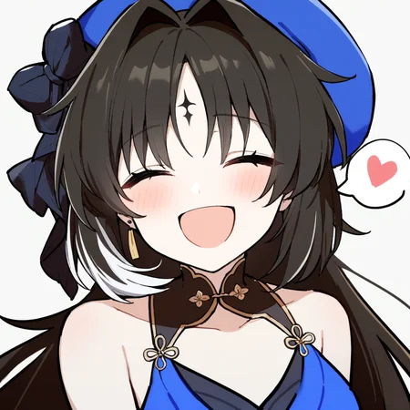 1girl,
yangyang \(wuthering waves\),
solo, blush, spoken heart, ^_^, simple background, smile, hat, hair bow, heart, bow, forehead jewel, hair intakes, open mouth, beret, bare shoulders, facing viewer, closed eyes, black hair, blue headwear, blue bow, long hair, white background, :d, upper body,
masterpiece, best quality, safe
<lora:mki-ani3-yangyang-v3:1>