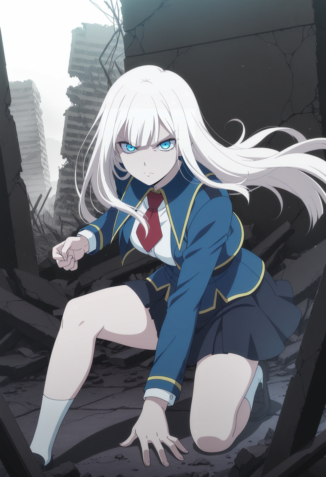 1girl,solo,mm,mature female,long hair,white hair,blue eyes,bangs,anime coloring,
red necktie,shirt,blue jacket,skirt,white socks, on one knee, dynamic pose, ruins,looking at viewer, serious,
,masterpiece,best quality,amazing quality,<lora:Elena_Kimberlite-Kinsou_no_Vermeil:0.8>