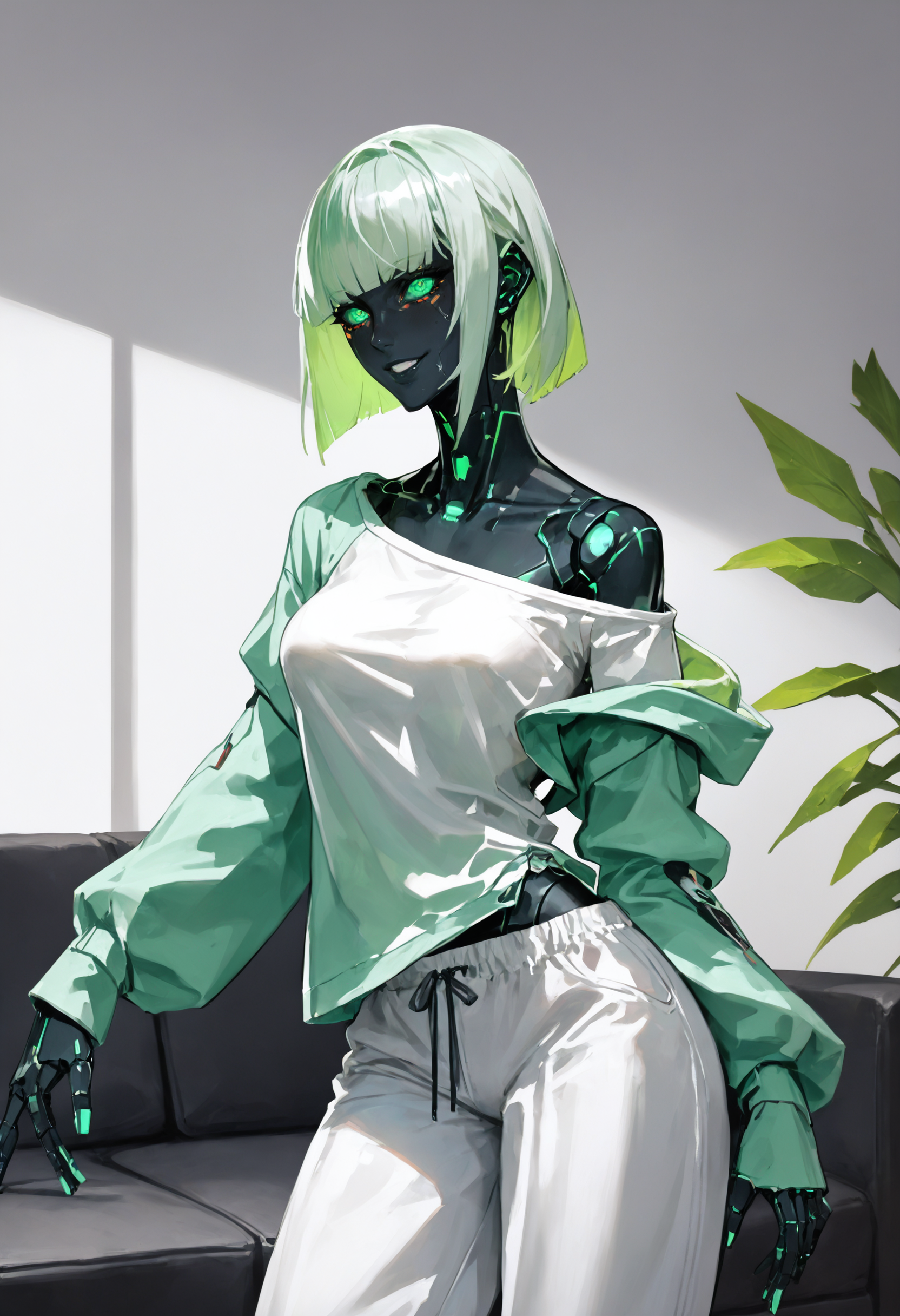 score_9, score_8_up, score_7_up score_9, score_8_up, score_7_up, score_6_up, score_5_up, score_4_up, rating_safe,
 <lora:RoboBabesV1.2:1>, r0b0bab3s, android, humanoid robot,
1girl, upper body, tall female, solo, detailed eyes, light smile, looking at viewer, seiza, Mint Green and Dark Grey hair, bangs, indoors, loose crop top, sweatpants, baggy pants, baggy clothes, living room, furniture,