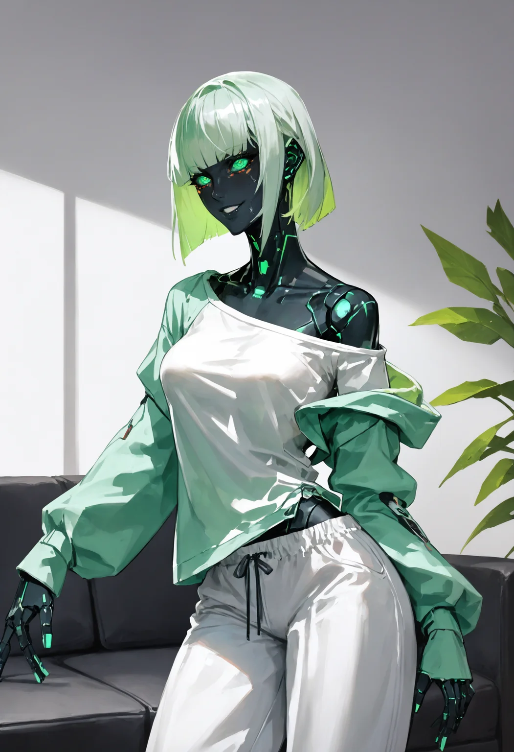 score_9, score_8_up, score_7_up score_9, score_8_up, score_7_up, score_6_up, score_5_up, score_4_up, rating_safe,
<lora:RoboBabesV1.2:1>, r0b0bab3s, android, humanoid robot,
1girl, upper body, tall female, solo, detailed eyes, light smile, looking at viewer, seiza, Mint Green and Dark Grey hair, bangs, indoors, loose crop top, sweatpants, baggy pants, baggy clothes, living room, furniture,