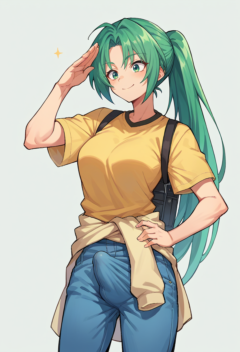 score_9, score_8_up, score_7_up, source_anime ,   <lora:Erection Under Clothes-000012:1> erection under clothes,   <lora:MionPonyN:1> Mion Sonozaki, green eyes, ponytail,  green hair, yellow T-shirt,clothes around waist, jeans, salute,
