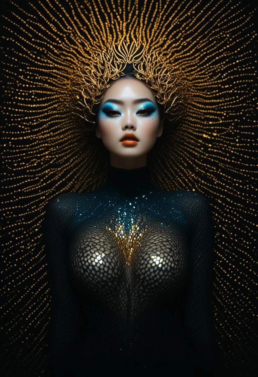 Portrait of young an Asian woman with white skin and orange eye makeup, the eyes have black eyeliner, she has blue lipstick on her lips, there is gold dots around one winged eye, soft light framing, high facial contrast, large fat breasts, hanging breasts, uncensored, black hair, short wavy hair, color gel lighting, smooth blurred background, ample copy space, bad-picture-chill-75v,