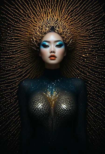 Portrait of young an Asian woman with white skin and orange eye makeup, the eyes have black eyeliner, she has blue lipstick on her lips, there is gold dots around one winged eye, soft light framing, high facial contrast, large fat breasts, hanging breasts, uncensored, black hair, short wavy hair, color gel lighting, smooth blurred background, ample copy space, bad-picture-chill-75v,
