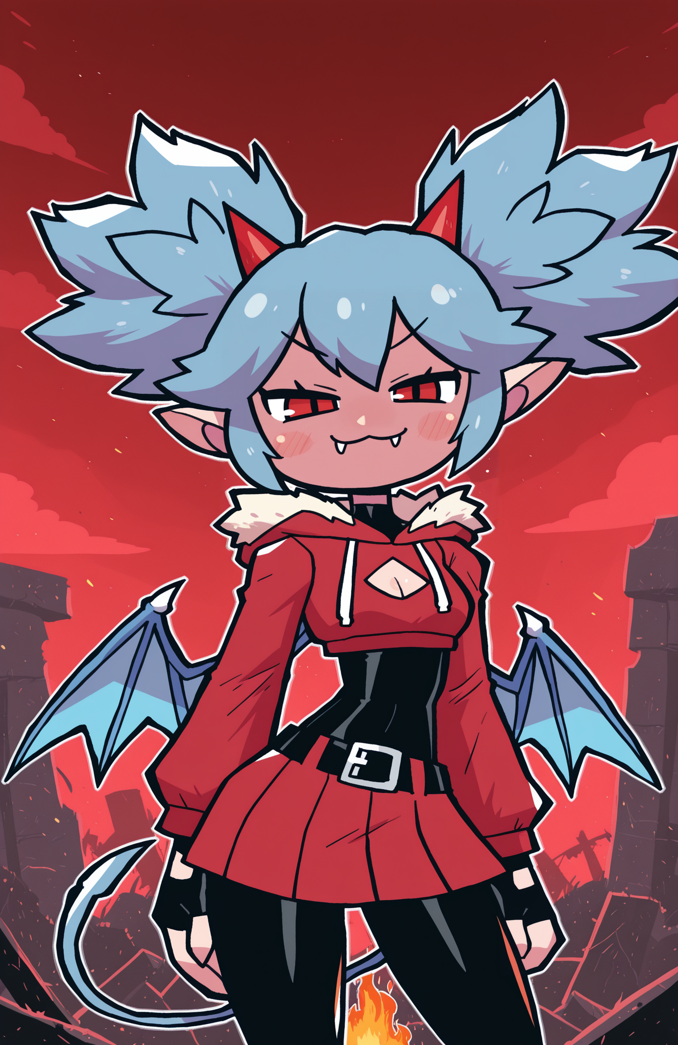 1girl, solo, ruins, hell, cloud, red sky, dark sky, fiery sky, fire, cowboy shot,
<lora:Nullantwins:0.8> zhuu, red eyes, blue hair, red horns, demon tail, blue tail, demon wings, blue wings, twintails, big hair, pointy ears,
red hoodie, cropped hoodie, long sleeves, black bodysuit, fur-trimmed hoodie, blue fur, black gloves, fingerless gloves, cleavage cutout, red skirt, midriff, black belt, belt buckle, blue drawstring,
contrapposto, light smile, blush, looking at viewer, smug, :3, fangs out,
<lora:rariatto_v2:1> rariatto, extremely detailed, highres, masterpiece, best quality