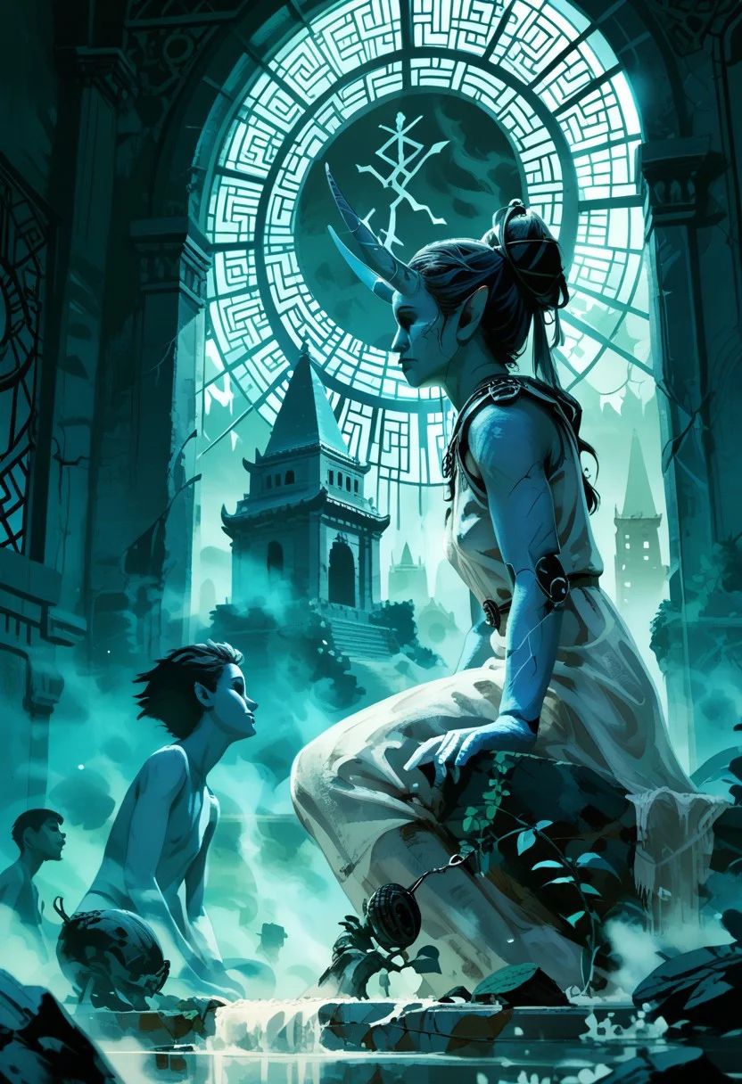masterpiece, painting of a demones with white to blue skin with huge horns,her body is not humanoid,she resembles an insectoid with visible black joints and chitin,her skin is cracked, ancient temple, sitting under a stained glass, side shot, focus on the upper body, atmospheric fog, muted colors palette, low key, ambient lighting, abstract oil painting,