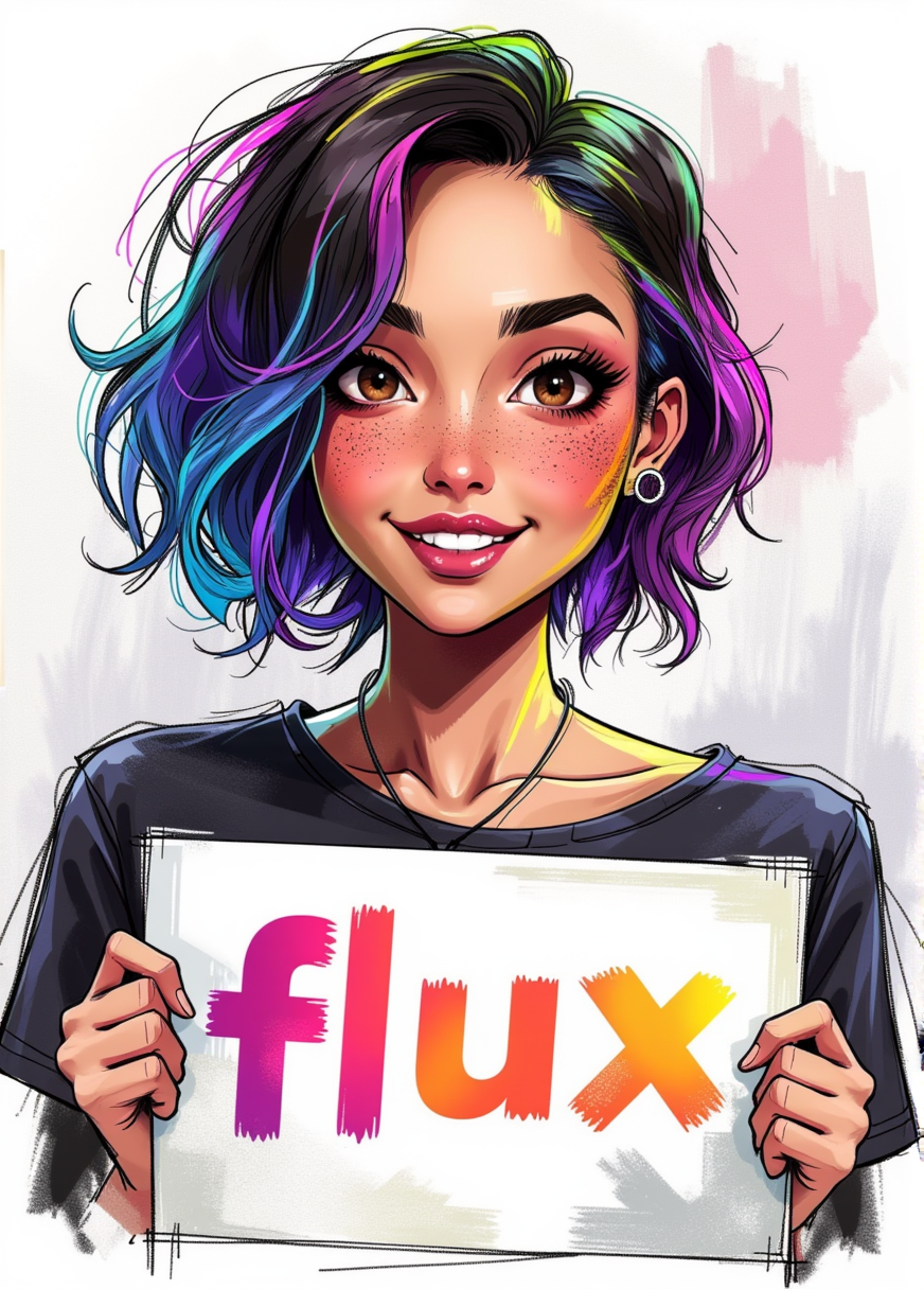 rough color sketch style, a beautiful lady with freckles smiling, brown hazel eyes, Short hair, rainbow color hair, dark makeup, she is holding a sign with "flux" text on it, concept design, rough sketch, color sketch,