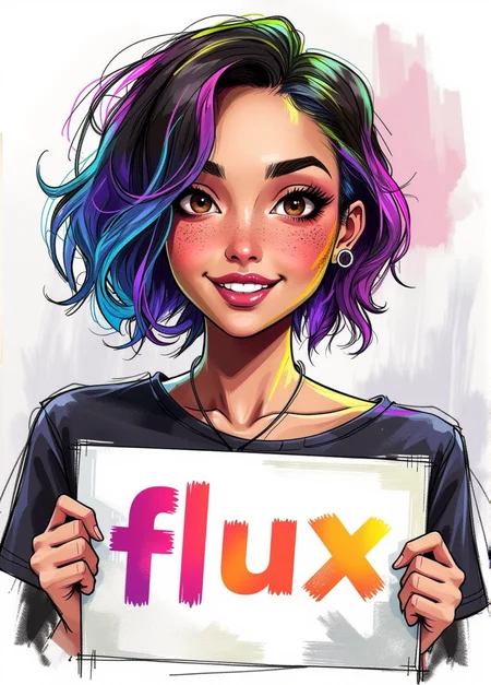 rough color sketch style, a beautiful lady with freckles smiling, brown hazel eyes, Short hair, rainbow color hair, dark makeup, she is holding a sign with "flux" text on it, concept design, rough sketch, color sketch,