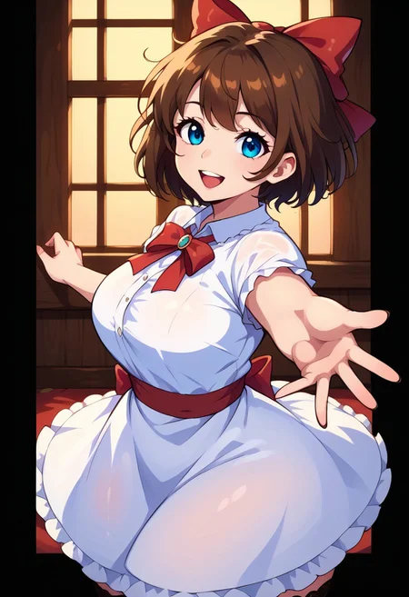 score_9, score_8_up, score_7_up, source anime,
masterpiece, best quality, detailed, amazing quality,
detailed background, bedroom, window, sunset,
detailed eyes, clean eyes,
dynamic pose,
1woman, woman,
easynegative, 
slutty_m3l0dy, pale skin, short hair, blue eyes, dark brown hair, messy hair, curvy, bow, frilly, cute, headbow, ribbon, cute dress, stockings, lace, from the side,
happy,
fake_image_border, border, black border,
beckoning, reaching towards viewer, from above,