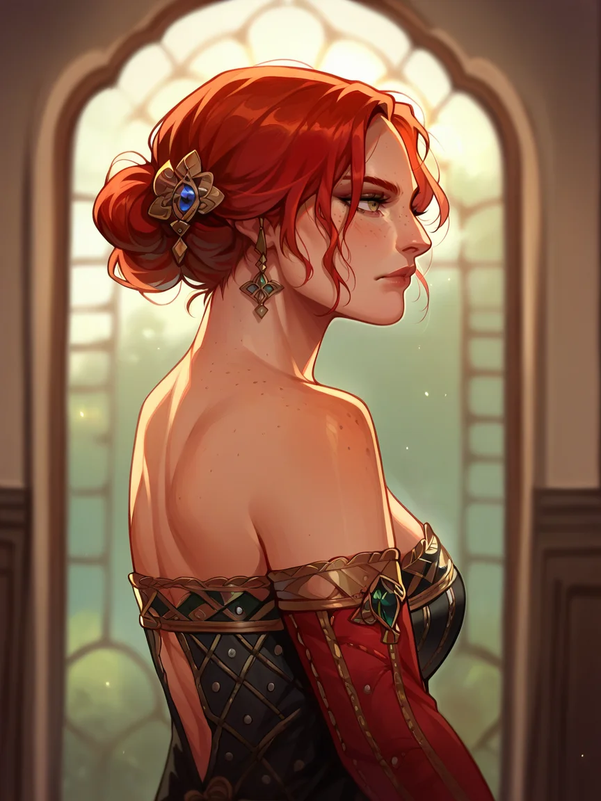 score_9, score_8_up, score_7_up, score_6_up, score_5_up, <lora:trissmerigoldXLP:1> triss merigold, 1girl, solo, red hair, freckles, hair bun, bare shoulders, black dress,