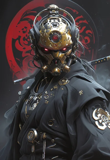 Create a extrahart, mystical, and high-resolution image of an busty female anthropomorphic a humanoid robot with intricate mechanical components named c3po. The character should be depicted in a manga cover style with wealthy portraiture and poster art elements. The image should feature rich colors and high contrast, focusing on the best quality, official art, and a beautiful and aesthetic appearance. Include fractal art elements and a colorful background with a splash of color. Use a movie perspective and an advertising style, similar to a magazine cover. C3po samurai should be shown solo, wearing Japanese clothes and armor, holding a sheathed katana, and standing in a cowboy shot pose. The robot should have neon green and yellow hip-hop clothes, tattoos, muscular abs, shoulder armor, and a metallic flowers in the background. Emphasize a samurai theme with a black and red background and starwars elements.