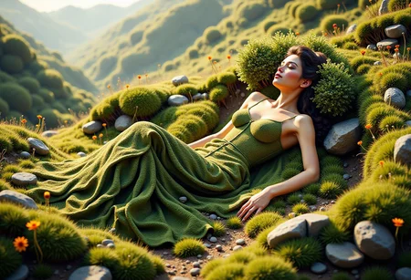 Surreal concept art of The form of the maiden who is lying down, she is the spring landscape and it forms her dress, creating hills and valleys of lush vegetation and flowery grasses with meandering paths like stitch work in her dress representing paths and roads, hyperdetailed realistic textures and natural lighting of the dawn of a warm summer day, her hair is a copse of trees and rocks and stones from her face like a natural formation, her body blends seamlessly into the surrounding landscape, ultrarealistic and hyperdetailed, amazing depth