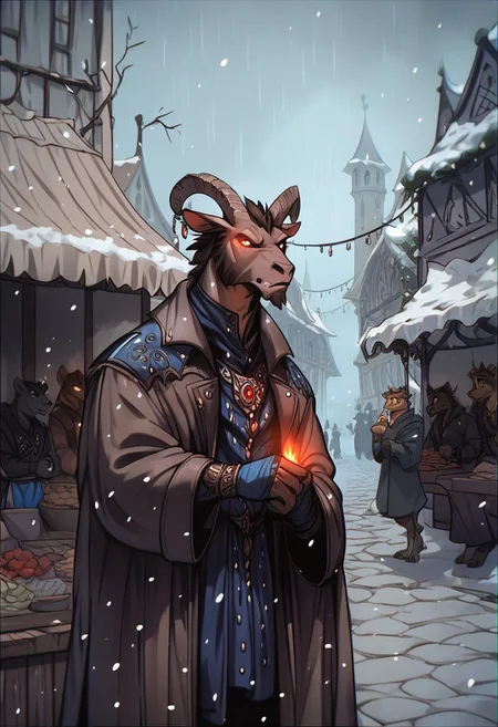 score_9, score_8_up, score_7_up, perfecteyes, anthro bear, square, market, glowing, male 30-40 years old,winter,long coat, brutality, jewellery, snowfall, drifts,fantasy,Vintage,