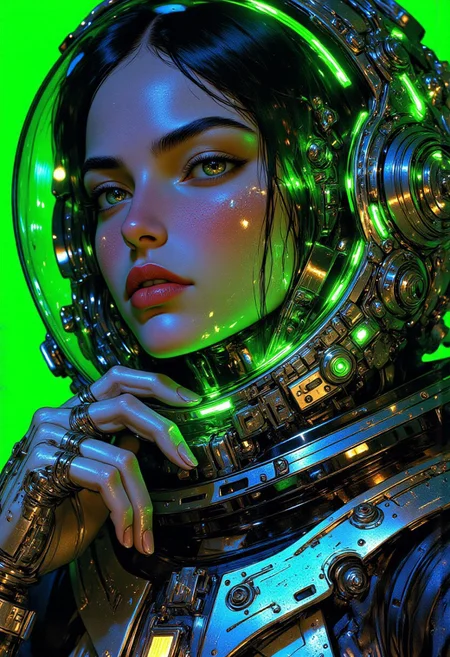 (mythp0rt, DB4RZ, DB4RZ style painting, Detailed hand, Hand, Perfect hand, aidmaMJ6.1) A highly detailed photograph in a futuristic, sci-fi style, capturing a close-up of a woman wearing an avant-garde spacesuit infused with glowing fluorescent green elements. The suit is a fusion of iridescent deep blue, metallic silver, and striking neon green, its high-tech design blending sharp geometric patterns with asymmetrical contours that merge functionality and futuristic fashion. Fluorescent green energy pulses through embedded circuits, casting an eerie luminescence across the suit’s sleek, textured surface. Her helmet, a technological masterpiece, features a large transparent digital screen visor displaying real-time data such as radiation levels and environmental statistics, seamlessly overlaid without obstructing her vision. The vivid green glow of the digital interface enhances her almond-shaped eyes, which shimmer with an otherworldly light, contrasting against her luminous, porcelain skin and the soft blush on her cheeks. Her lips, painted in a muted iridescent violet, add a subtle yet elegant contrast to the futuristic aesthetic. The background is an intense, glowing fluorescent green expanse, creating a hyper-modern, almost surreal atmosphere that envelops her in an electrified aura, immersing the viewer in a vision of cutting-edge technology, cyberpunk energy, and cosmic mystery. ((vintagegirls))