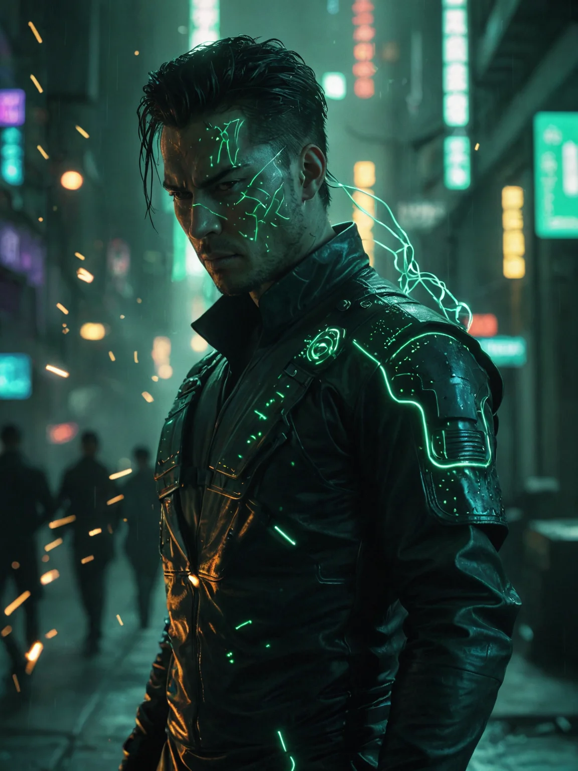 glowneon, cinematic film still, glowing cyberpunk ninja emitting sparks, dark green, the matrix <lora:glowneon_xl_v1:1>