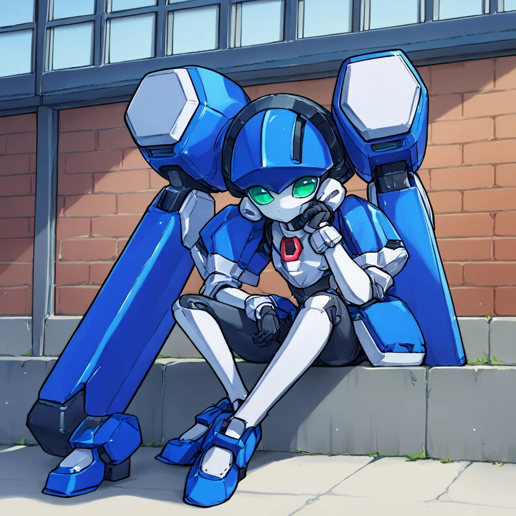 score_9, score_8_up, score_7_up, score_6_up, score_5_up, score_4_up, source_anime, blazermate, robot, city, sitting on wall, smile, head rest