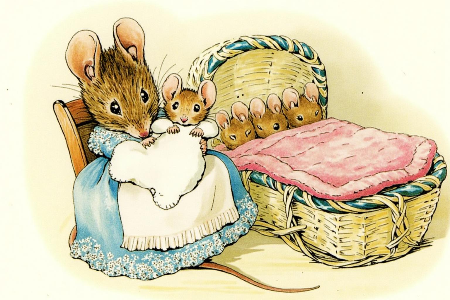 beatrixpotter1 illustration.
An anthropomorphic mouse in a blue outfit with a white apron sits on a wooden chair, holding a baby mouse in a white outfit. On her right is a basket with four baby mice sleeping inside, with a pink blanket covering them. <lora:beatrixpotter1_d8a4:1.0><lora:867021630591792141:0>